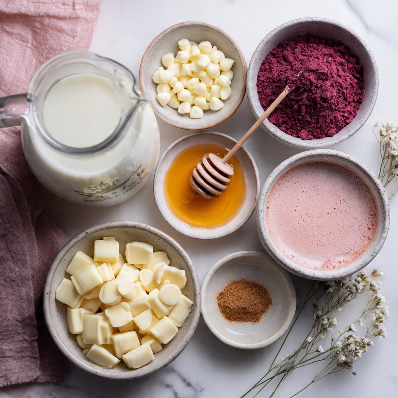 A shiny silver pot filled with smooth pink liquid sits on a white marbled surface. To the right of the pot is a carton of Clover Sonoma organic whole milk with a soft pink and white design, and behind the pot are small frosted white pine tree decorations. A soft pink cloth is placed to the right near the pot’s handle. The overall setting feels cozy and wintery. photo taken with an iphone --ar 4:5 --v 7