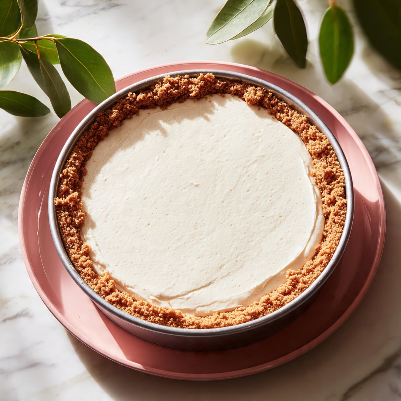 A round dessert shows two layers in a springform pan on a bright pink tray placed on a white marbled surface. The bottom layer is a chunky, crumbly light brown crust pressed along the edges and bottom of the pan. The top layer is smooth, creamy, and white, spread evenly inside the crust, covering it fully. The pan is wrapped with silver foil around its sides. Green leaves with round shapes partly appear at the top edge of the image. photo taken with an iphone --ar 4:5 --v 7