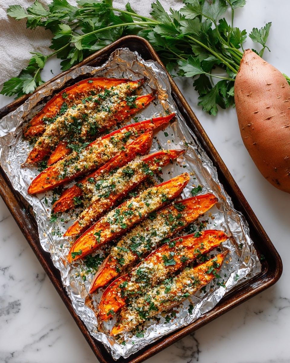 The image shows a wooden tray lined with lightly crumpled parchment paper on a white marbled surface. On the tray, there are two layers of crispy, golden-orange sweet potato wedges with a rough, seasoned crust sprinkled with coarse salt and small green herb pieces scattered on top. The wedges have a crunchy texture and a slightly charred look on the edges. On the right side of the tray, there is a white bowl filled with a creamy, light pink dipping sauce. Near the tray, a large whole sweet potato and some fresh green herbs are visible. Photo taken with an iphone --ar 4:5 --v 7