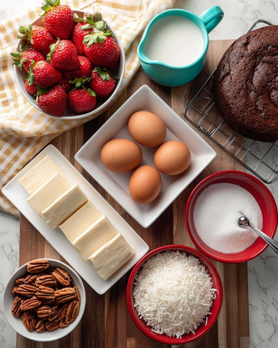 The image shows an arrangement of baking ingredients on a wood surface with a white marbled texture background. There is a white square bowl in the center filled with six brown eggs. Below it, a white rectangular plate holds a stack of butter slices next to scattered pecan nuts, with more pecans placed in a small white bowl to the lower left. To the right of the eggs, a white bowl is full of sugar with a metal spoon resting inside. Next to the sugar bowl is a round red bowl heaped with shredded white coconut. At the top left, fresh red strawberries with green leaves sit in a white bowl on a yellow and white checkered cloth. A turquoise white jug filled with milk is near the strawberries, and a round chocolate cake sits on a cooling rack in the top right corner. Photo taken with an iphone --ar 4:5 --v 7