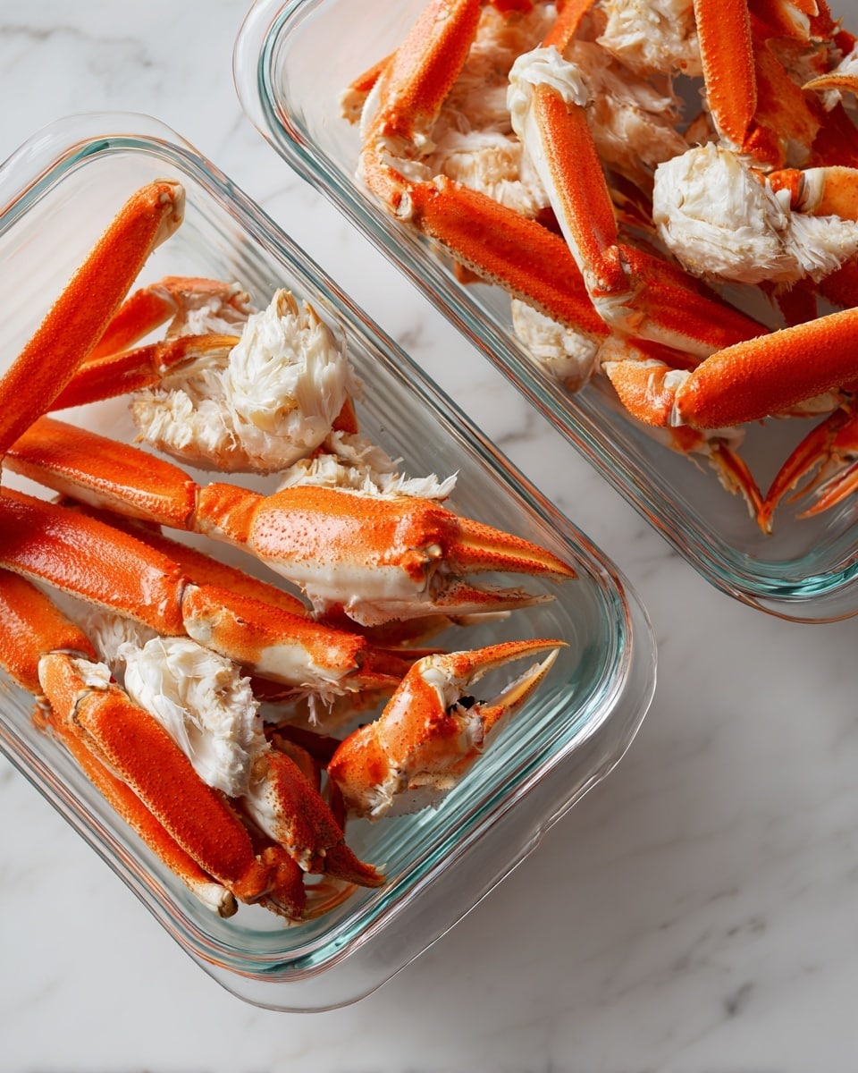 The image shows two clear rectangular glass dishes filled with cooked crab pieces placed on a white marbled surface. Each dish contains several crab claws and sections of crab bodies, showing bright orange shells with white joints and some textured, white crab meat visible inside. The crab pieces are neatly arranged and the clear glass of the dishes allows the white marbled surface beneath to be seen lightly through them. The overall look is clean and fresh, with the vibrant orange of the crab shells standing out against the clear dishes and light background photo taken with an iphone --ar 4:5 --v 7