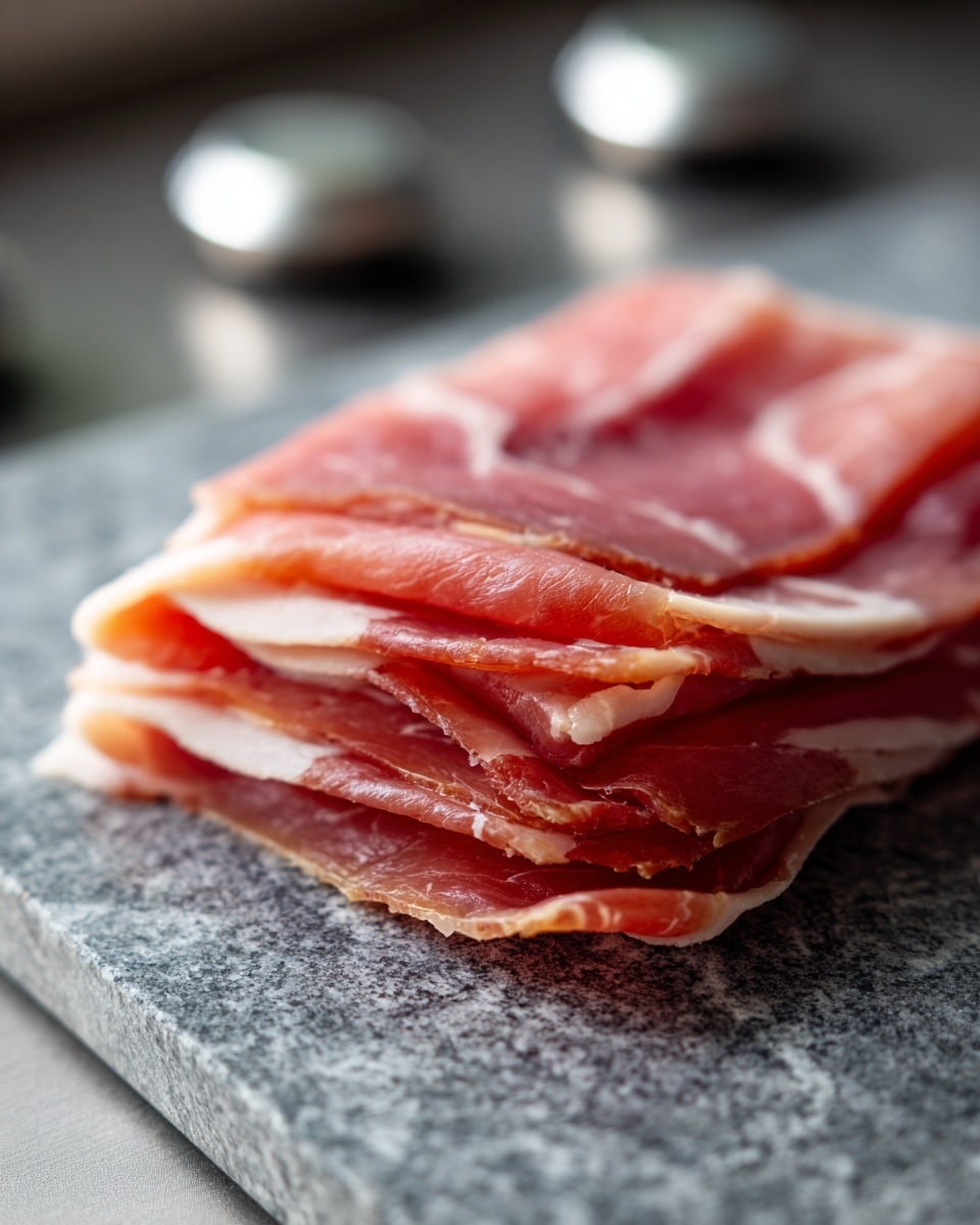 Two piles of thinly sliced raw meat lie side by side on a gray granite cutting board with visible speckled texture. Each pile consists of several layers of pinkish-red meat with light marbling and slightly uneven edges, arranged in a loose rectangular shape. The background shows part of a stovetop with shiny metal knobs out of focus. The overall composition focuses on the texture and color contrast between the raw meat and the granite board. Photo taken with an iphone --ar 4:5 --v 7