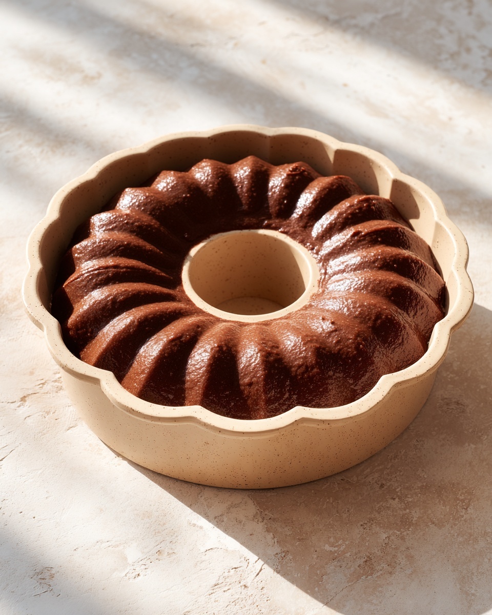 A beige bundt pan filled with smooth, dark brown chocolate batter, resting on a white marbled surface. The batter fills the center well and the patterned edges of the pan evenly, showing small bubbles on the surface. The pan is round with scalloped sides and a hollow center tube, creating a classic bundt shape. Soft natural light casts gentle shadows inside the pan's curves. photo taken with an iphone --ar 4:5 --v 7
