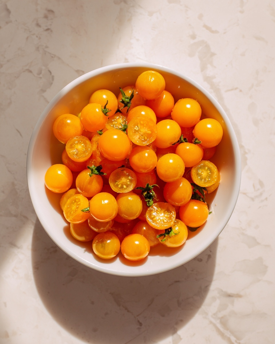 A white bowl filled with many small, quartered yellow cherry tomatoes. The tomatoes have a smooth, shiny texture and show their soft, pale inner flesh and tiny green stems. The bowl is placed on a white marbled surface under soft natural light, creating gentle shadows and reflections. Photo taken with an iphone --ar 4:5 --v 7