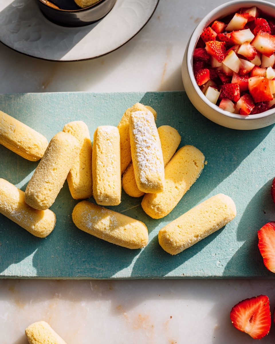 There is a close-up of several light yellow ladyfinger biscuits with a slightly powdery texture, scattered loosely on a textured teal cutting board placed on a white marbled surface. Above and to the right of the board, there is a small white bowl filled with finely chopped strawberries and small bits of a white fruit stacked high, showing a bright red and white mix. To the left edge of the image, part of a round white plate with a black bowl on it is visible. The lighting is bright and natural, casting soft shadows on the white marbled surface. Photo taken with an iphone --ar 4:5 --v 7