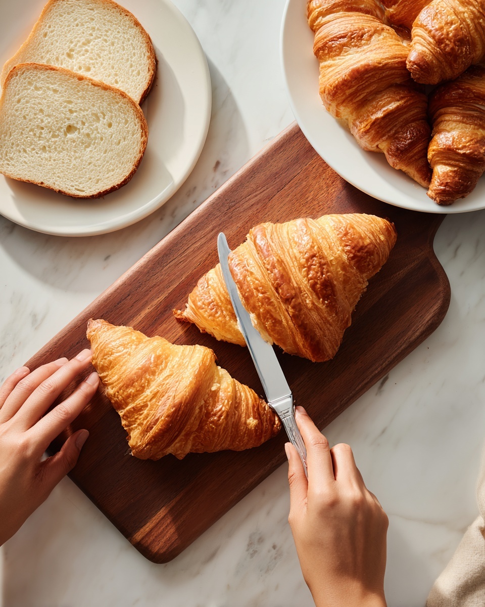 A pair of woman's hands is slicing a golden-brown croissant with a silver knife over a dark wooden cutting board. To the left on the board, there are two light beige slices of bread with an airy texture. On the top right, a white plate holds several shiny, flaky croissants stacked close together. The whole scene is set on a white marbled surface with soft natural light highlighting the layered, crispy texture of the croissants. photo taken with an iphone --ar 4:5 --v 7
