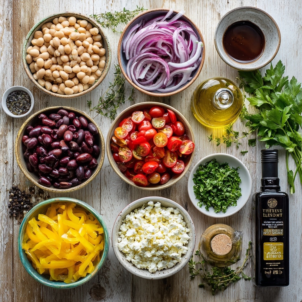 The image shows four panels of food preparation on a white marbled surface. Panel 1 shows a woman’s hand holding a metal colander filled with yellow chickpeas and red kidney beans being rinsed under running water. Panel 2 displays thinly sliced purple onion pieces arranged in a fanned pattern next to a half onion and a knife. Panel 3 has halved black olives scattered near a blade knife. Panel 4 shows small diced yellow bell peppers next to a knife with some seeds visible. Each panel captures a different ingredient stage for a recipe photo taken with an iphone --ar 4:5 --v 7