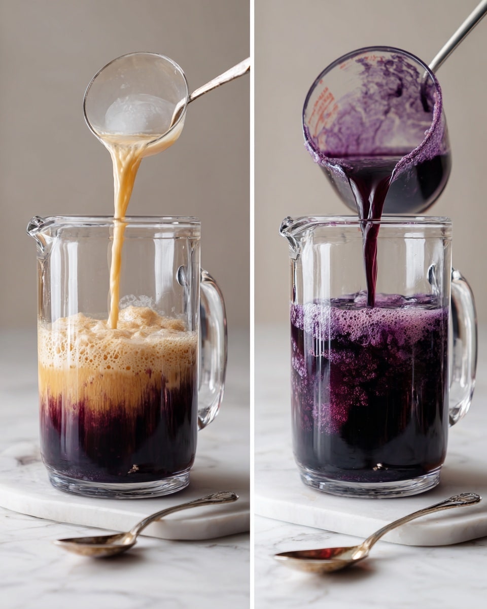 The image shows a clear glass pitcher on a white marbled surface with dark purple liquid being poured from a measuring cup into the pitcher. In the first part, the pitcher is half-filled with a light beige liquid, and the dark purple liquid is slowly mixing and swirling into it, creating a gradient effect from light beige at the bottom to dark purple at the top. In the second part, the pitcher is almost full of a dark purple liquid with a foamy top layer, and more dark purple liquid is still being poured in. A spoon lies on the white marbled surface next to the pitcher. Photo taken with an iphone --ar 4:5 --v 7