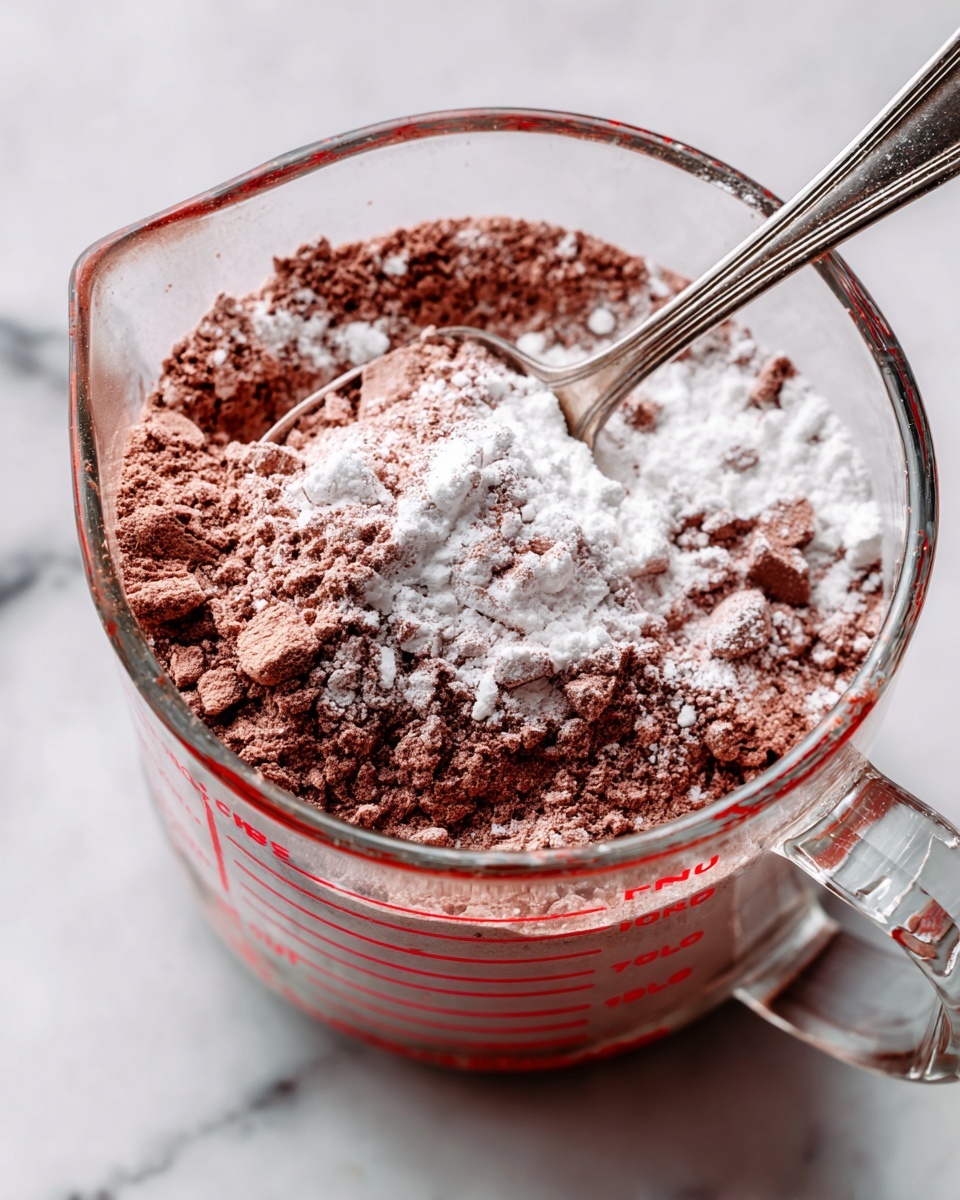 A clear glass measuring cup filled with layers of dry brown and white powder, likely cocoa and flour, with some clumps and light dusting of white powder on top. A silver spoon is placed inside the cup, partially buried in the powders. The measuring cup has red markings showing volume in cups, and it sits on a white marbled surface. Photo taken with an iphone --ar 4:5 --v 7