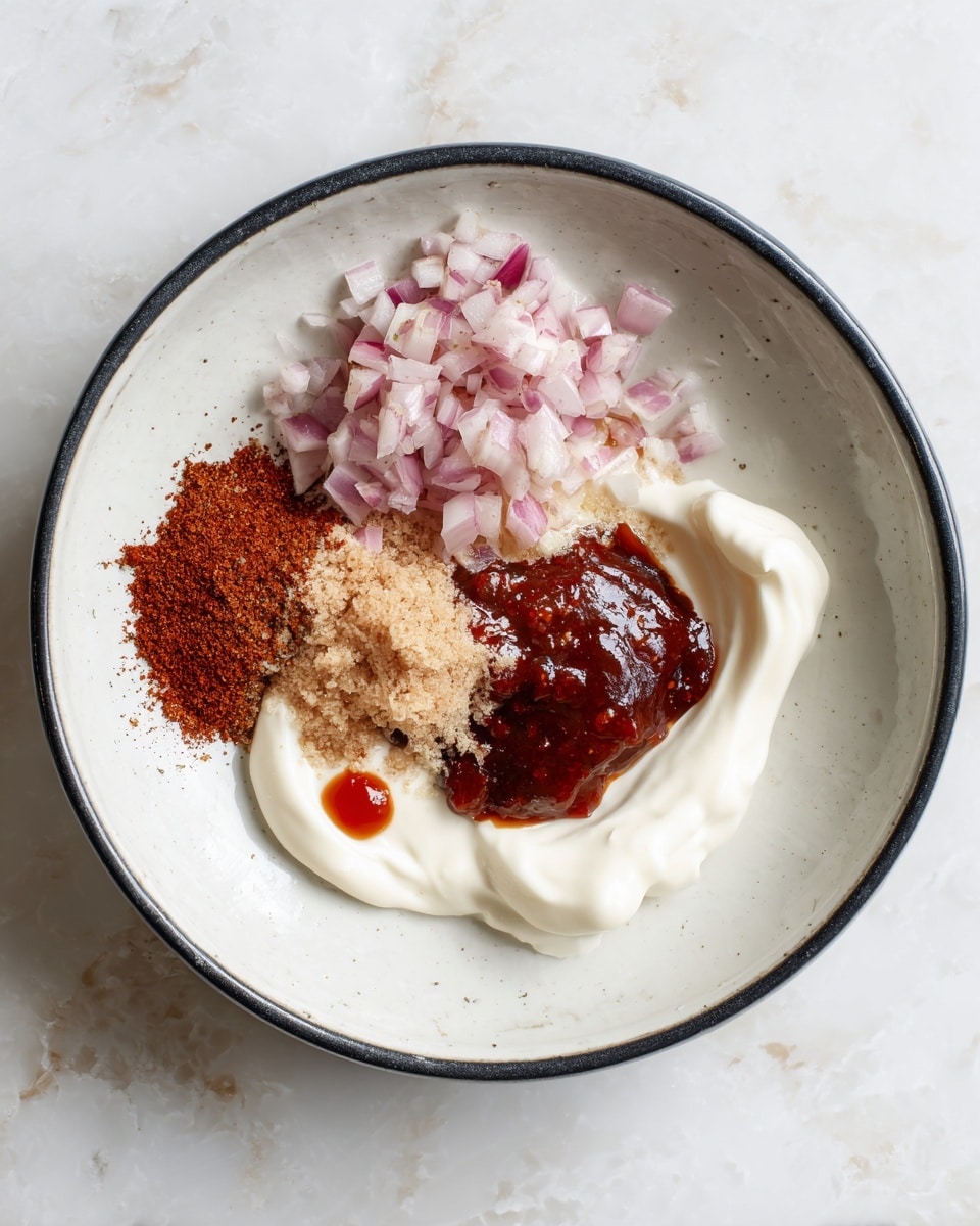 In a white bowl with a thin black rim, there are six separate ingredients arranged in small piles. On the left, a heap of finely chopped light pink shallots sits next to a small pile of reddish-brown powder. A light beige, grainy paste lays below the powder, and a dollop of thick white cream is spread underneath all these ingredients. On top of the cream and close to the center-right, there is a dark red, thick sauce with a glossy surface. A small, bright red dot of sauce rests near the bottom-left edge of the cream. The bowl is placed on a white marbled surface. Photo taken with an iphone --ar 4:5 --v 7
