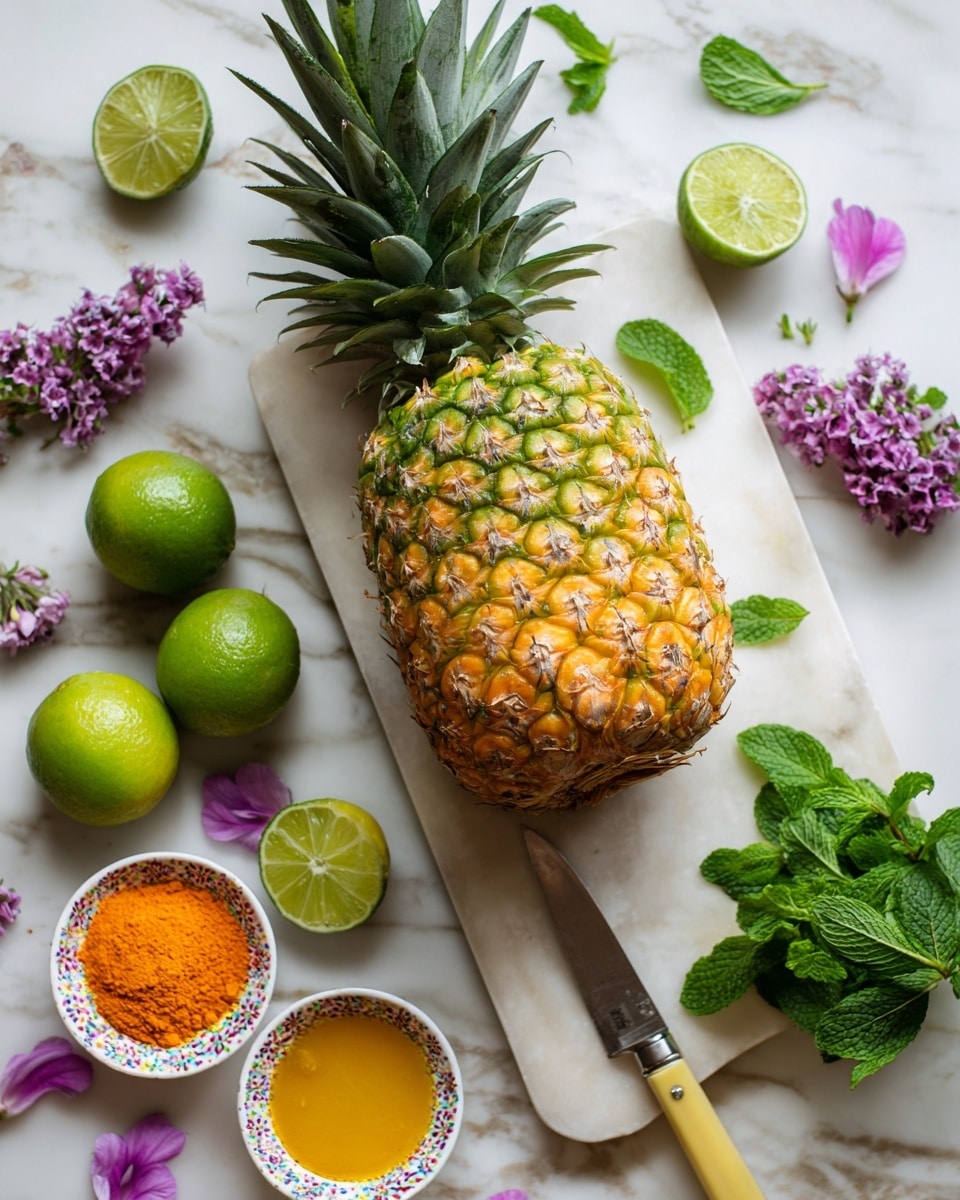 A whole pineapple with orange and yellow skin and green sharp leaves sits in the center of a white marbled surface, surrounded by whole and halved green limes. On the right side, there is a silver knife with a yellow handle on a long white board, next to fresh green mint leaves scattered nearby. In front of the pineapple, three small white bowls with colorful inner patterns hold orange powder, liquid, and a green-yellow sauce. Small purple flower petals are sprinkled across the background. photo taken with an iphone --ar 4:5 --v 7