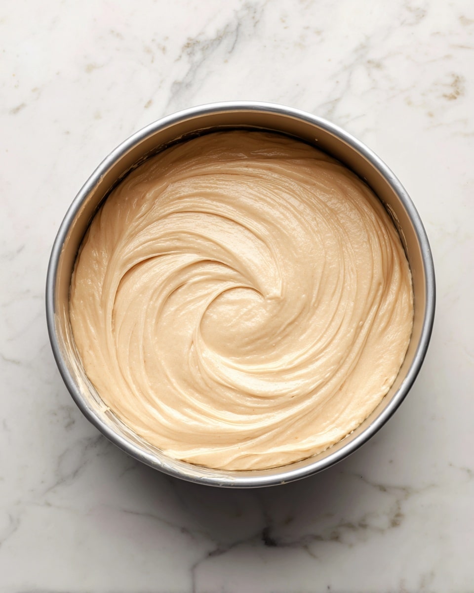 A silver round baking pan filled with smooth, light beige cake batter evenly spread inside. The batter has soft swirls and a creamy texture covering the entire surface. The pan sits on a white marbled surface. photo taken with an iphone --ar 4:5 --v 7