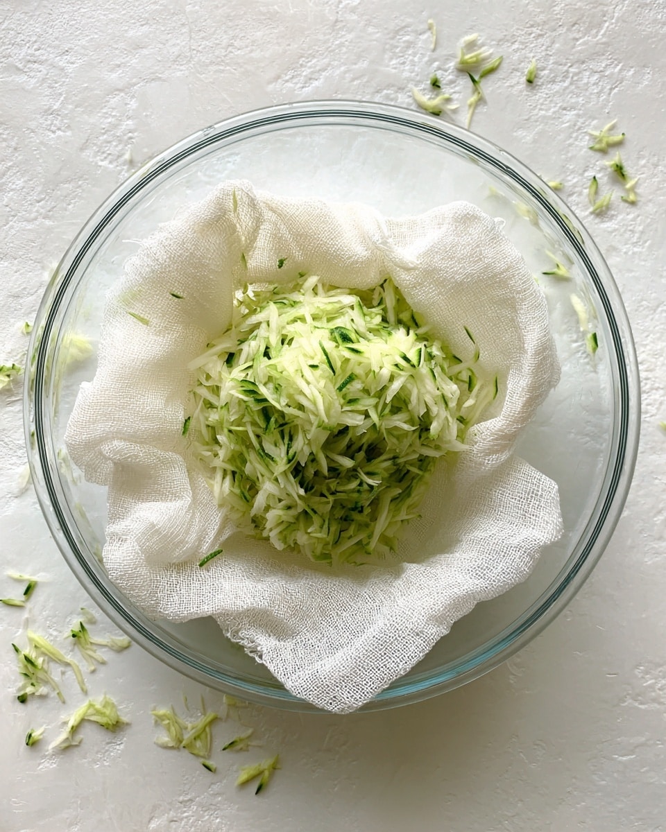 A clear glass bowl with a white marbled background holds a piece of white cheesecloth filled with shredded zucchini. The zucchini is green with light green and white parts, finely shredded and gathered in the center of the cheesecloth. Some small bits of zucchini are scattered around inside the glass bowl, adding texture to the scene. photo taken with an iphone --ar 4:5 --v 7