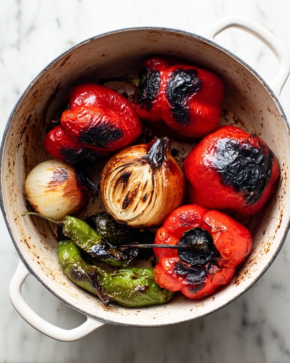 The image shows a white pot filled with several charred vegetables: eight red bell peppers with blackened, blistered skin, one brown onion half with deep grill marks, a few small garlic cloves with roasted spots, and two green chili peppers with dark grill marks. The pot is placed on a white marbled surface, and the vegetables inside appear cooked and smoky, highlighting their crisp skins and soft textures. photo taken with an iphone --ar 4:5 --v 7