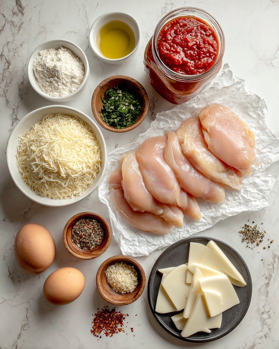 The image shows several ingredients arranged neatly on a white marbled surface for cooking. At the center right, there are six light pink raw chicken fillets layered on crumpled white parchment paper. Above the chicken, there is a glass jar filled with red marinara sauce. To the left of the jar, there are small white bowls containing white flour, light brown breadcrumbs, and shredded white cheese, respectively. Next to these bowls is a small wooden bowl with chopped green herbs and a separate white bowl with golden olive oil. Below, a small black plate holds multiple slices of white cheese. Three brown eggs are placed beside the plate. Around this setup, there are three small wooden bowls holding a mix of spices including salt, pepper, and red pepper flakes. The entire arrangement sits on a clean white marbled surface. photo taken with an iphone --ar 4:5 --v 7