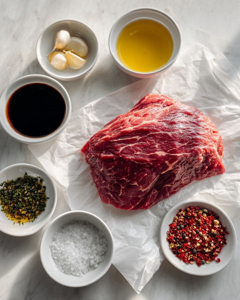 The image shows a fresh, raw piece of marbled beef lying on a sheet of white parchment paper in the center. Around it, seven small white bowls hold various ingredients: dark soy sauce, yellow olive oil, white salt, crushed black pepper, minced garlic, a green herb sauce sprinkled with red pepper flakes, and a bowl with red crushed pepper flakes. The setup is on a white marbled surface with soft, natural light highlighting the textures of the meat and ingredients. photo taken with an iphone --ar 4:5 --v 7