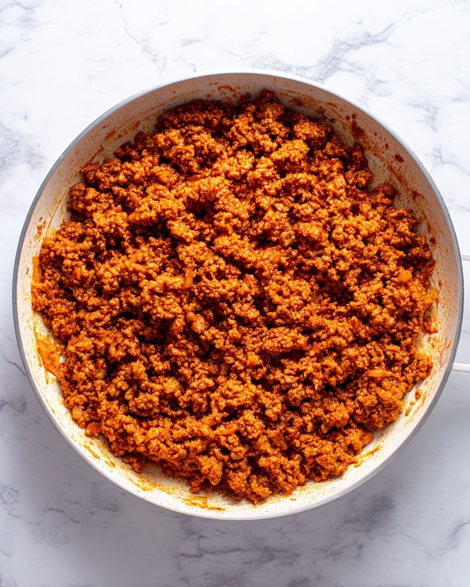 The image shows a close-up of a pan filled with cooked minced meat and finely chopped onions mixed with a reddish-orange sauce, giving the dish a moist and slightly textured appearance. The mixture fills the pan evenly, displaying small, crumbly pieces with soft bits of onion visible throughout. The pan itself is white with some smaller parts showing, and the background surface is a white marbled texture. photo taken with an iphone --ar 4:5 --v 7