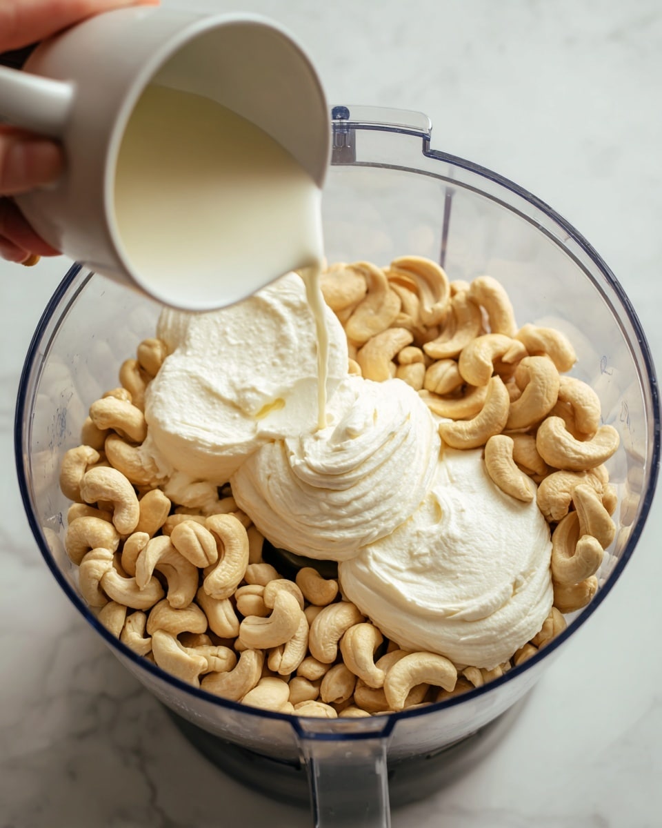 Inside a clear food processor bowl, there are two main layers: whole cashews, light beige with smooth texture, spread evenly on the bottom and sides, and a thick, creamy white sauce or cream placed on top in two separate dollops. Above, a white cup held by a woman's hand pours a thin stream of clear liquid onto the ingredients. The setting shows a white marbled surface under the food processor. photo taken with an iphone --ar 4:5 --v 7