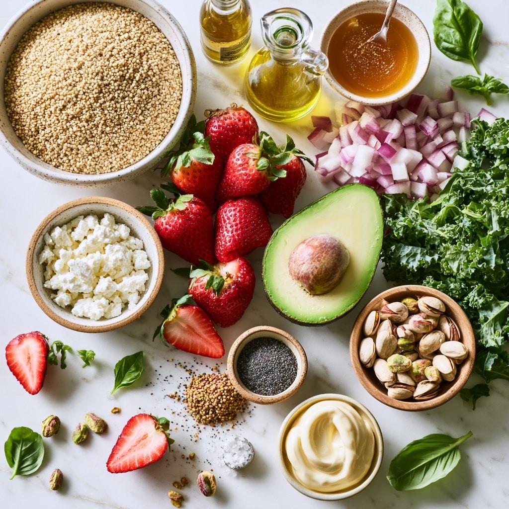 A white bowl filled with six sections of food arranged in a circular pattern: light brown quinoa grains on the top right, bright red sliced strawberries on the bottom right, green cubed avocado pieces next to the strawberries, glossy brown roasted pistachios in the center, finely chopped dark green leafy spinach at the top left, and small white cheese cubes on the bottom left. Chopped red onions are placed near the quinoa and spinach. Everything is sprinkled lightly with black pepper. The bowl sits on a white marbled surface. Photo taken with an iphone --ar 4:5 --v 7