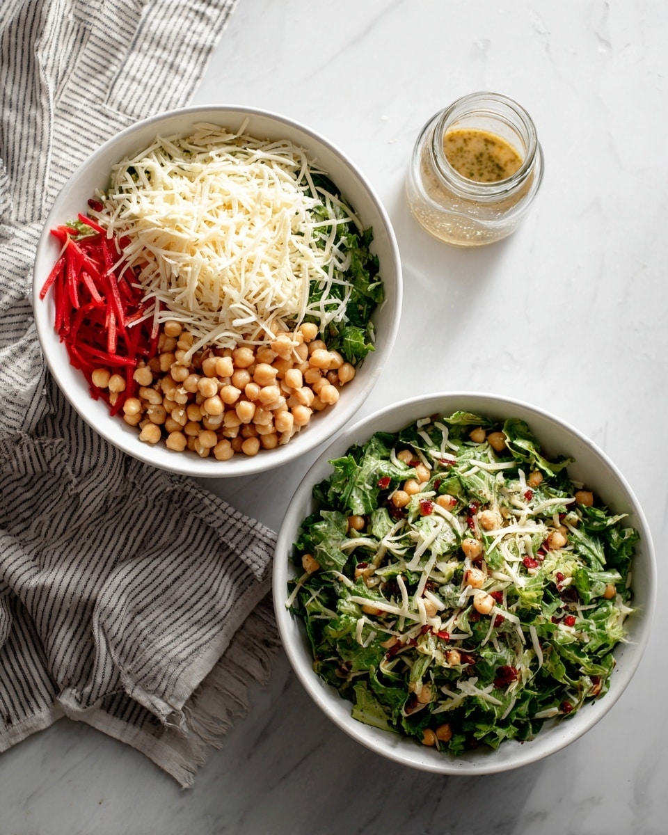 The image shows two white bowls on a white marbled surface with a striped cloth underneath. The bowl on the left contains four main layers: shredded white cheese on one side, finely sliced red strips spread over the top, beige chickpeas gathered near the center, and bright green shredded leafy vegetables filling the rest of the bowl. The bowl on the right displays these ingredients mixed together into a green salad with pieces of red strips and chickpeas evenly spread throughout, topped with a light sprinkle of shredded white cheese. Near the bowls, there is a glass jar with a dressing sauce. photo taken with an iphone --ar 4:5 --v 7