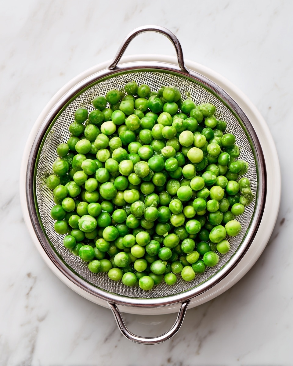 A silver mesh strainer filled with fresh green peas sits on a white plate, which rests on a white marbled surface. The peas are small, round, and tightly packed inside the strainer, showing a mix of bright and slightly muted green shades. The strainer has three metal handles extending outward, giving a star-like appearance from the top view. The simple white plate contrasts with the vibrant green peas and the metallic texture of the strainer, creating a clean and fresh look. Photo taken with an iphone --ar 4:5 --v 7