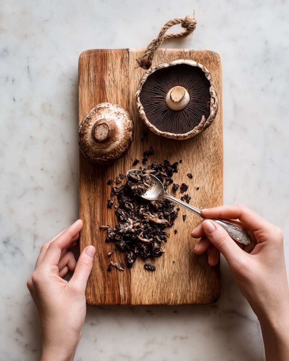 The image shows a wooden cutting board on a white marbled surface. On the board, there are two large dark brown mushrooms; one mushroom is whole with a wide cap and lighter center, while the other is held by a woman's hand on the left side. Another woman's hand on the right side uses a spoon to scrape out dark, finely chopped mushroom pieces from the mushroom held in the left hand. The scraped pieces are gathered in a small pile on the cutting board mostly on the right side. The cutting board has a natural wood grain texture with a small rope loop at the top left corner. Photo taken with an iphone --ar 4:5 --v 7