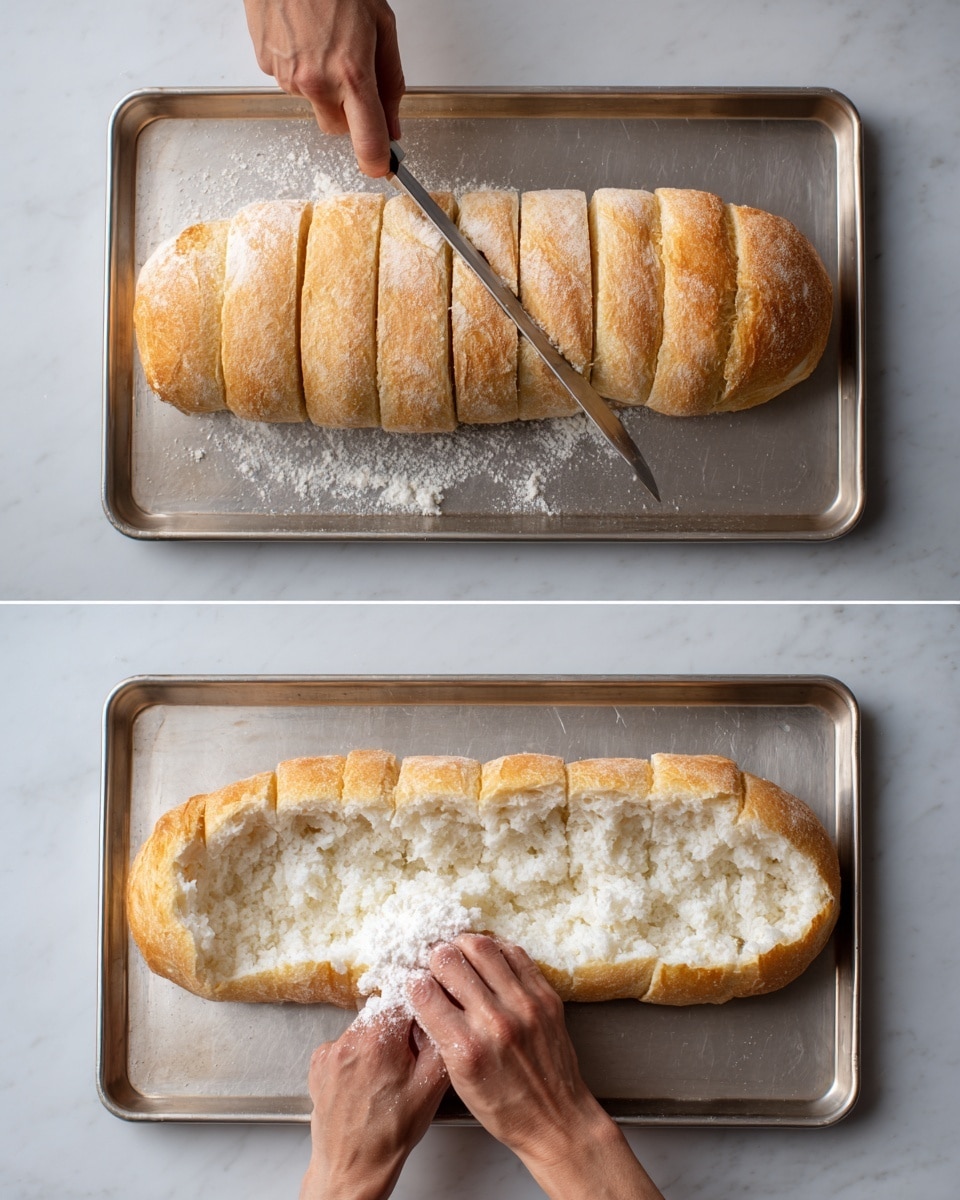 The first image shows a long loaf of soft bread placed on a flat metal tray with a white marbled texture underneath. The bread has a light golden crust with visible wrinkles and is being sliced by a knife held by a woman's hand from above, making even sections across the loaf. The second image shows the same long loaf of bread now opened and lying flat on the metal tray, the inside is fluffy and white, and a woman's hand is pulling out some bread crumbs from the middle, creating a hollow space along the center of the bread. Both images have a simple, clean look with just the bread, the metal tray, and the white marbled surface. Photo taken with an iphone --ar 4:5 --v 7