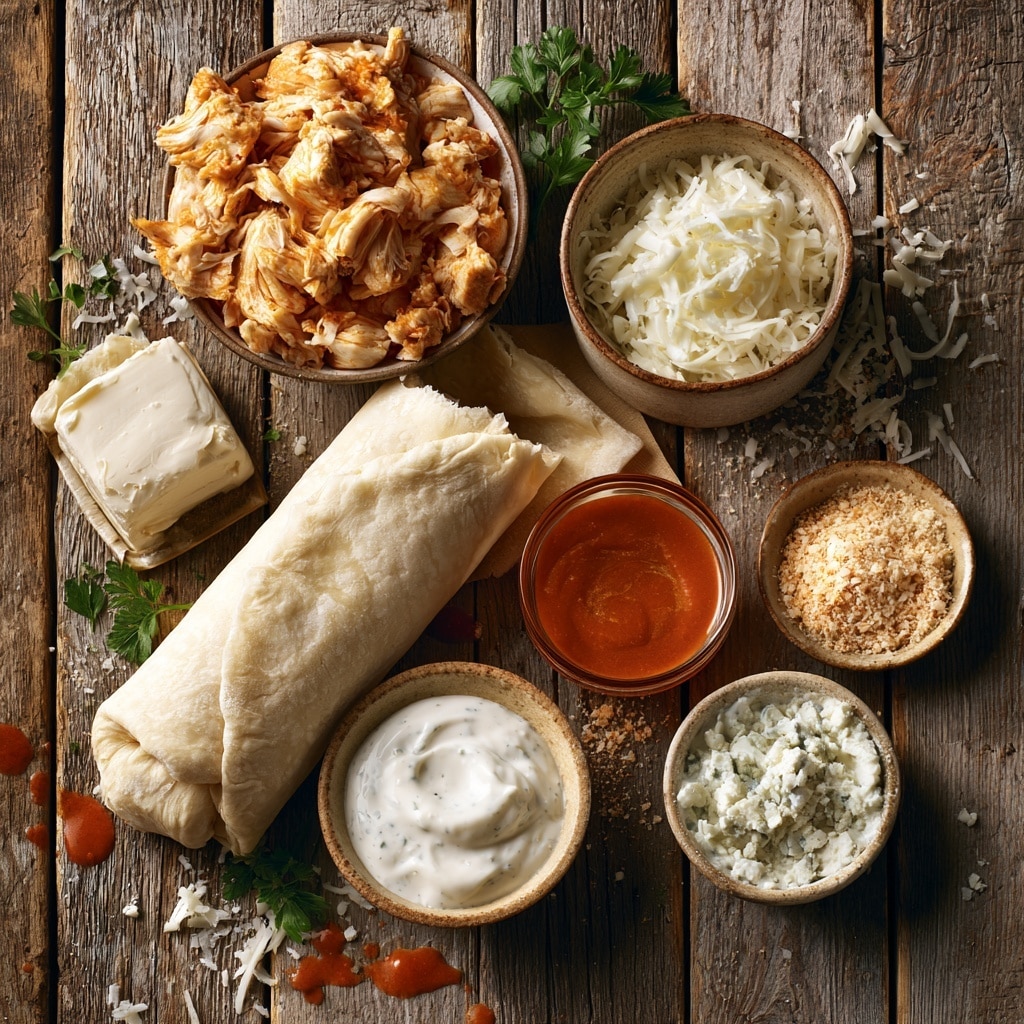A white plate holds nine small round rolls arranged in a loose circle, each roll showing a creamy orange filling swirled into a light tan dough with small green herb pieces sprinkled on top. On the left side of the plate, there is a small clear glass bowl filled with white dipping sauce, and next to it on the right are three fresh green celery stalks with leaves. The plate rests on a white cloth with a red stripe, and near the top right corner of the scene is an orange bottle of medium wing sauce with a black label. The whole setting is on a white marbled surface photo taken with an iphone --ar 4:5 --v 7