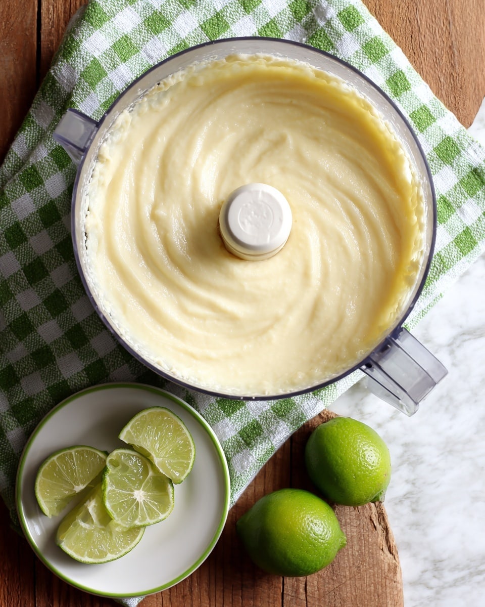 The image shows a food processor bowl filled with a smooth, creamy, pale yellow mixture, sitting on a wooden surface with a green and white checkered cloth underneath. Next to the bowl, there is a white plate with a thin green rim holding two lime halves, one squeezed and one whole. The background is replaced with a white marbled texture. photo taken with an iphone --ar 4:5 --v 7