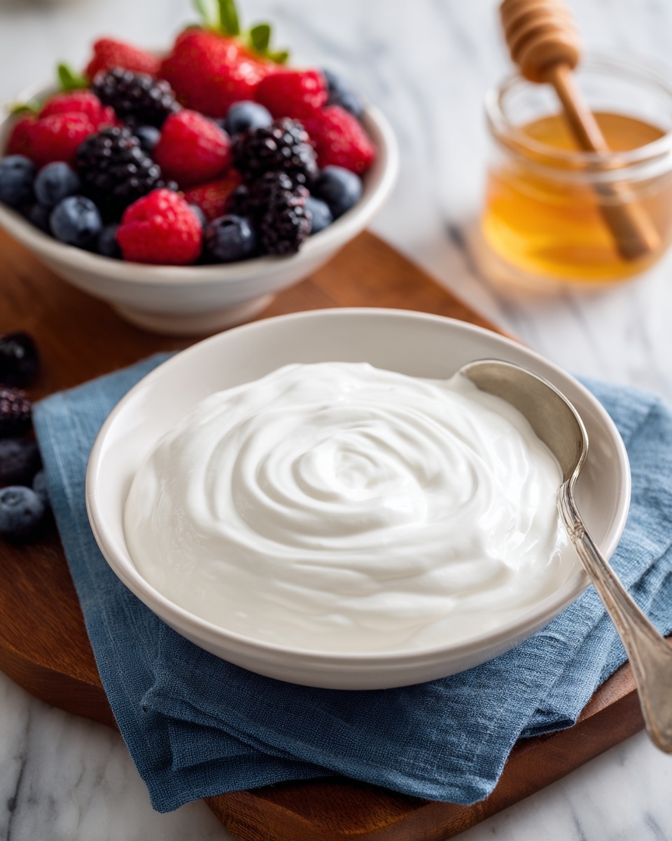 A large white bowl filled with smooth, thick white yogurt swirled in a circular pattern with a silver spoon resting inside on the left side. The bowl is placed on a blue cloth on a wooden board with a white marbled surface underneath. Behind the bowl, there is another white bowl full of mixed fresh berries including red strawberries, blueberries, raspberries, and blackberries. To the right, there is a small glass jar of honey with a wooden honey dipper inside. photo taken with an iphone --ar 4:5 --v 7