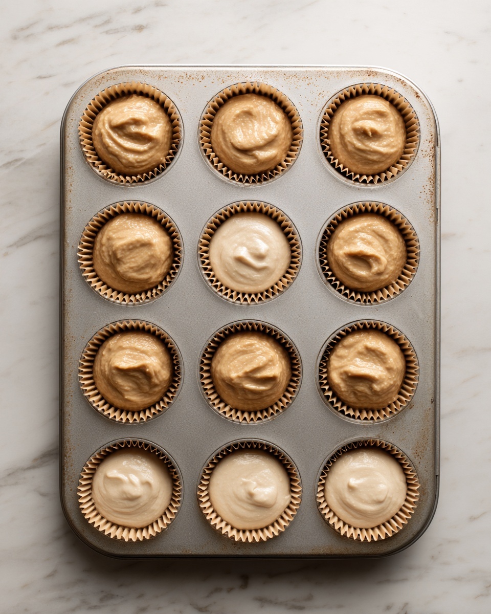 A metal muffin tray holds twelve paper liners, each filled with two layers of batter. The bottom layer is pale cream with a smooth texture, filling about half of each liner. On top of this is a thicker, light brown mixture, spooned unevenly with a slightly rough surface. The tray shows some spots of wear and slight discoloration, all placed on a white marbled surface. The photo was taken with an iphone --ar 4:5 --v 7