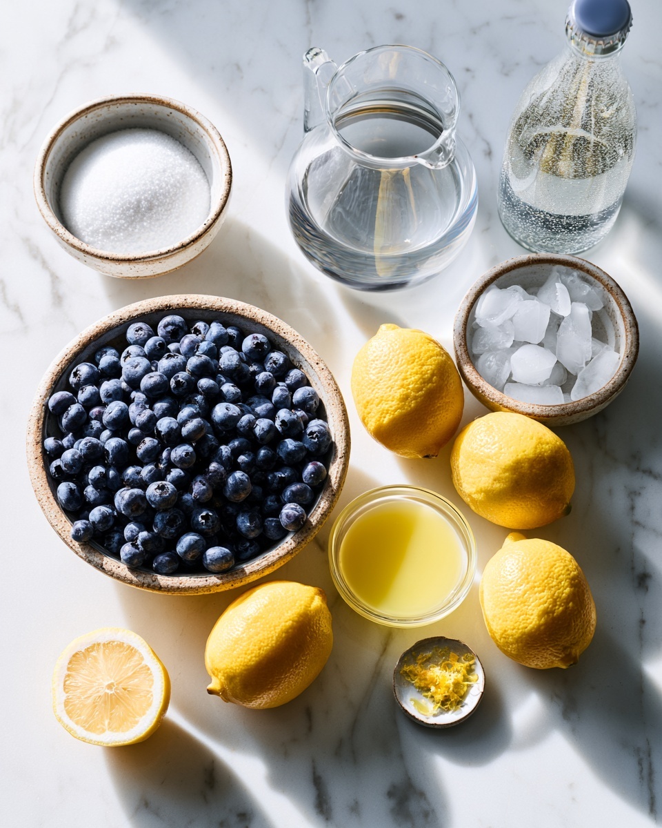 A woman's hand is pouring white sugar from a black measuring cup into a black cooking pot. Nearby, there is a whole lemon and a lemon sliced in half on a white plate. In the foreground, there is a metal cup filled with fresh blueberries. The background is a white marbled surface with soft natural light. photo taken with an iphone --ar 4:5 --v 7