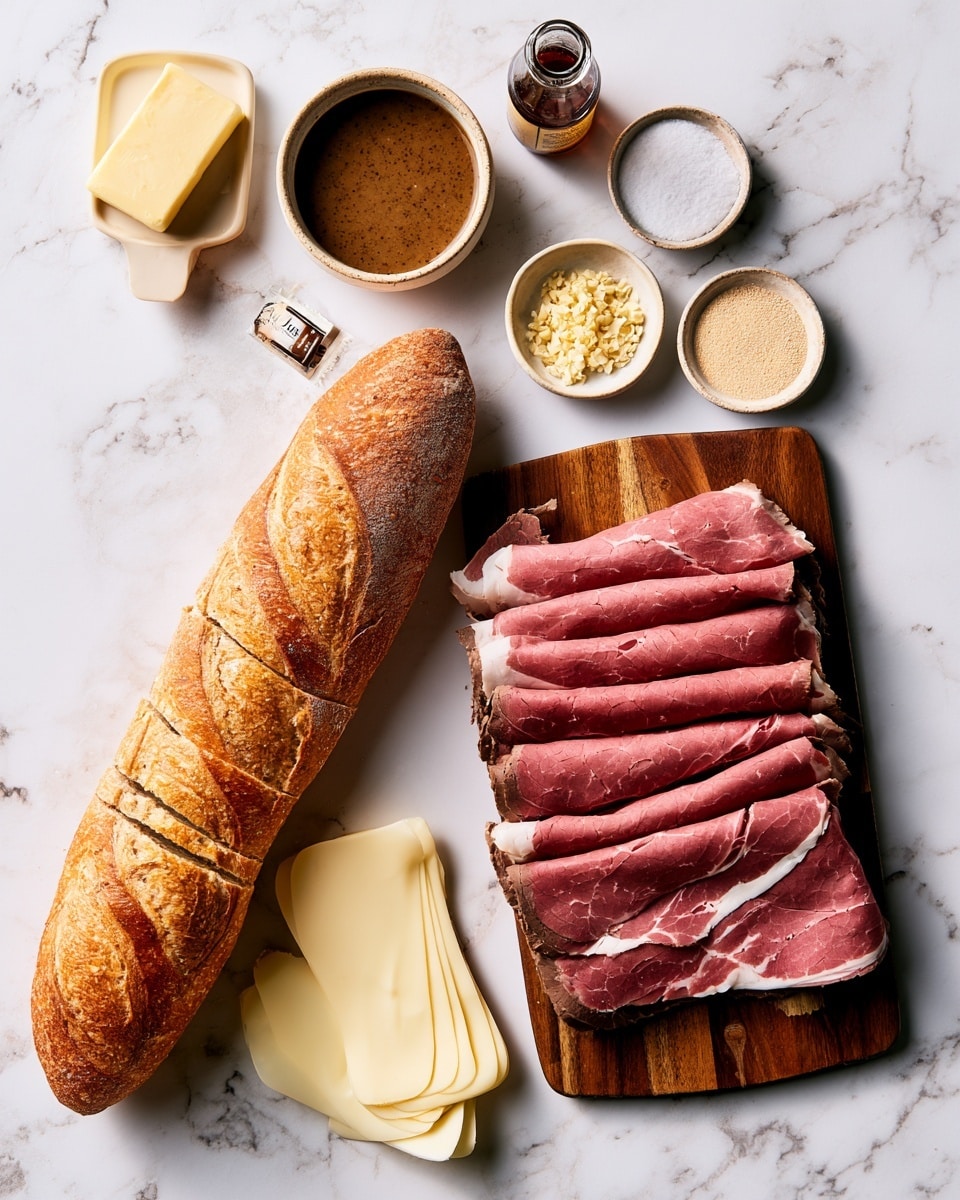 The image shows a long loaf of golden brown bread with crispy crust, sliced evenly but still connected at the bottom. Thin pale yellow slices of cheese are placed between each slice of bread, standing upright and peeking out. Next, dark pink slices of roast beef with a slightly browned edge are folded and tucked between the bread and cheese layers, creating a rich contrast of colors and textures. The final image shows two woman's hands wrapping the loaded sandwich tightly with shiny silver aluminum foil, all placed on a white marbled surface photo taken with an iphone --ar 4:5 --v 7