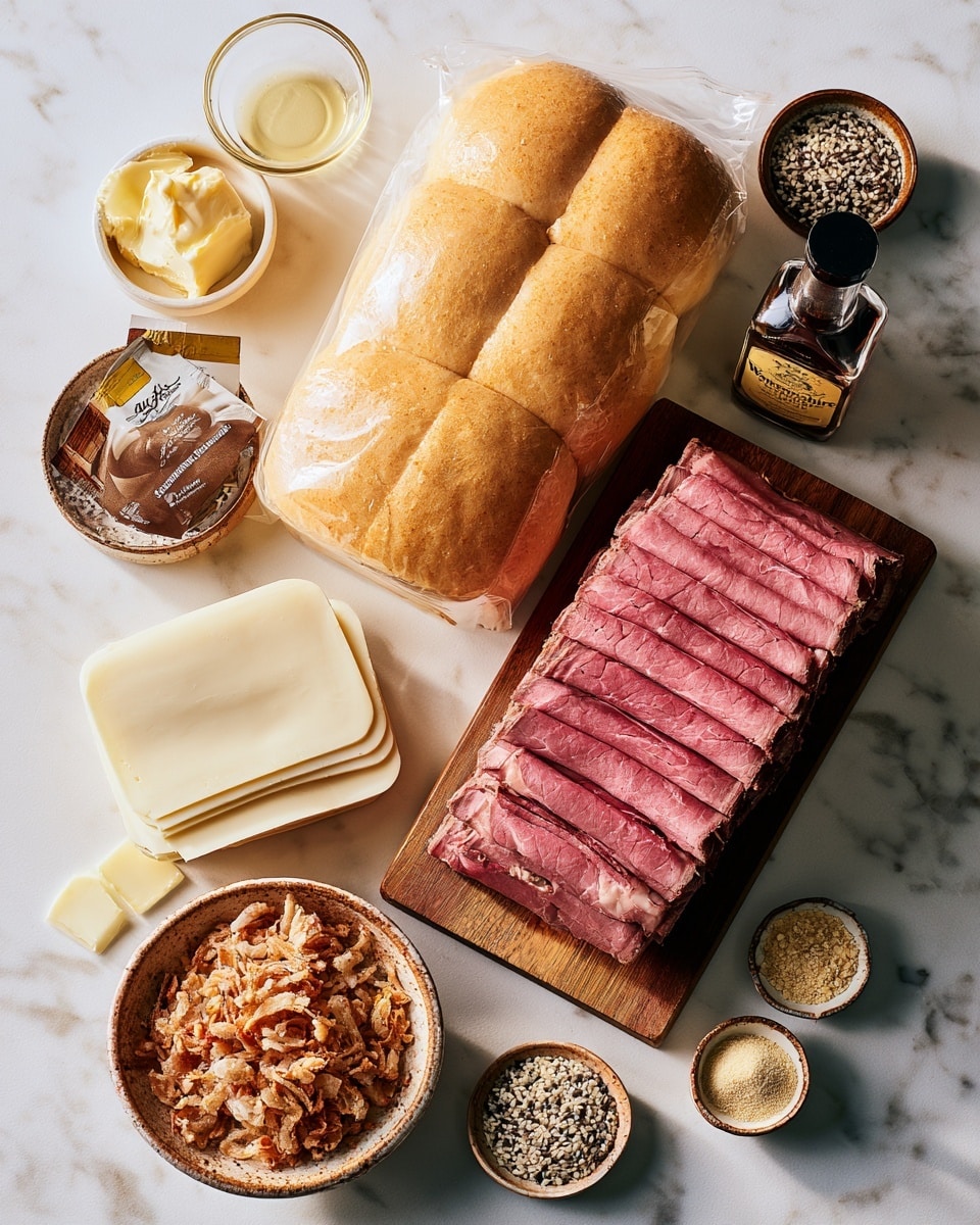 The image shows six steps of making a layered sandwich slider in a white tray on a white marbled surface. The first layer is plain white bread, torn slightly on top. The second has six circular slices of white cheese placed evenly over the bread, covering almost all the surface. The third shows a thick pile of thin, folded slices of brown roast beef covering the cheese. The fourth layer adds a generous amount of crispy fried onion strings spread over the roast beef and cheese. The fifth image shows twelve soft white sandwich buns neatly arranged in the tray, covering all the layers beneath. The final image displays the baked sliders with a shiny golden brown top, sprinkled with sesame seeds and leftover crispy onions, the edges slightly darker from baking, creating a crispy crust. Photo taken with an iphone --ar 4:5 --v 7