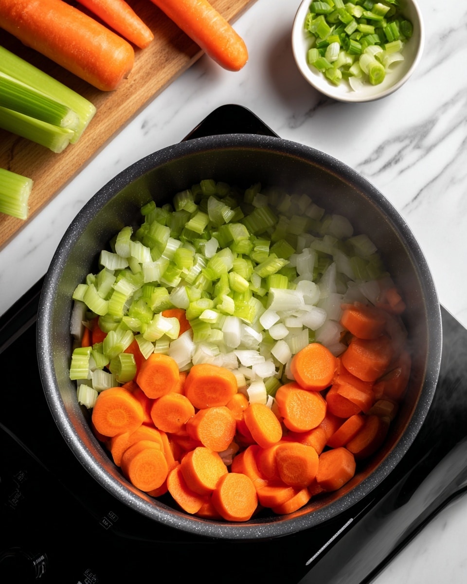 Inside a black pot, chopped vegetables are cooking, showing three visible layers: the bottom layer is small pieces of white onion, the middle layer is light green celery slices with a slightly rough texture, and the top layer is bright orange carrot rounds that look soft. The pot is on a black cooking surface with steam rising lightly from the vegetables. In the background, there is a whole carrot and celery sticks placed horizontally on a white marbled surface, along with a small white bowl filled with chopped green onions. Photo taken with an iphone --ar 4:5 --v 7