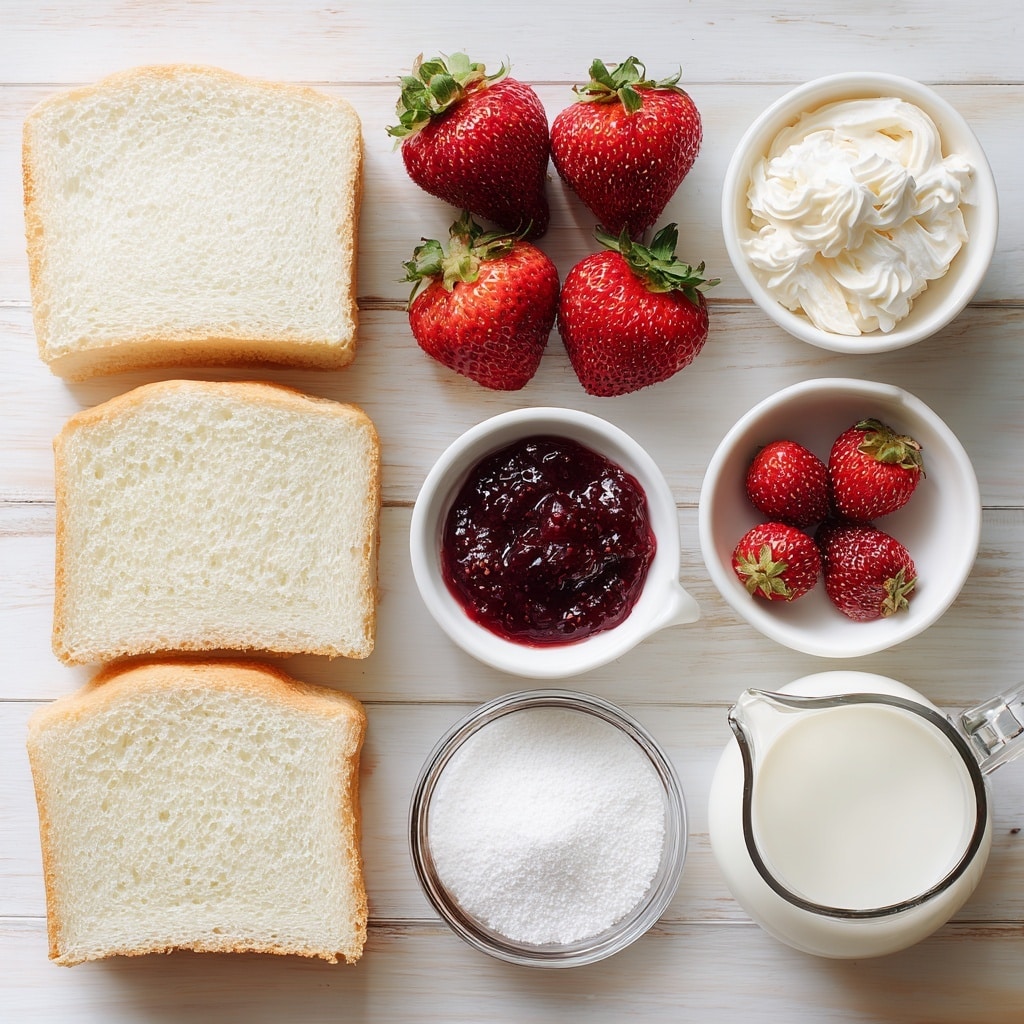 The image shows six steps to make a strawberry sandwich on a white marbled surface with a basket of strawberries and a blue striped cloth in the background. The first layer is a square slice of white bread spread with red strawberry jam, textured with small fruit bits, on the left side, next to a plain slice. The second layer is a plain white bread square placed beside the first slice. The third layer features the plain slice spread with creamy, smooth white cream cheese. The fourth layer shows five whole strawberries placed on top of the cream cheese, bright red with small seeds and green leaves. The fifth layer has another thick spread of cream cheese covering the strawberries, showing a soft, fluffy texture with bits of red strawberry visible. The last layer shows the sandwich folded into a triangle with the white bread crusts matching the rest of the bread, wrapped neatly on the white marbled surface. Photo taken with an iphone --ar 4:5 --v 7