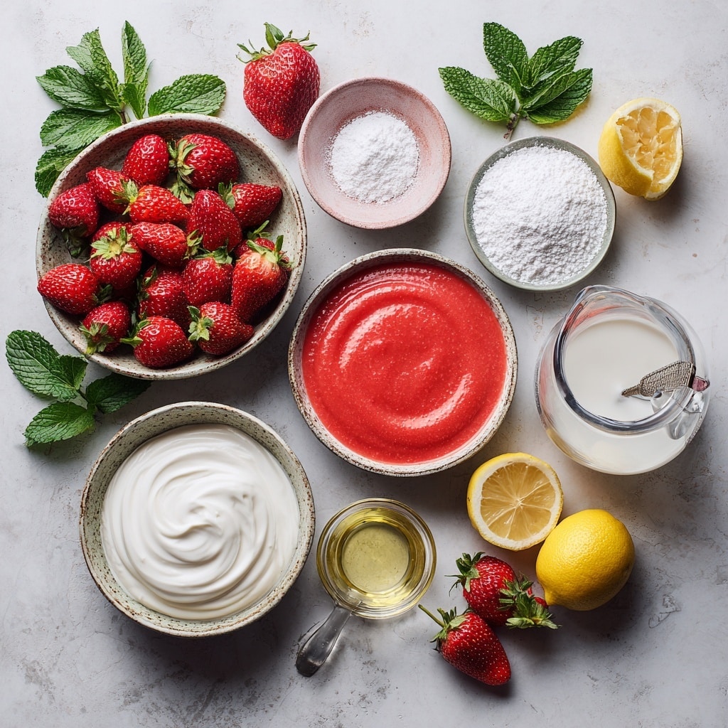 The image shows a four-step process of making a strawberry mixture, all on a white marbled surface. The first step shows a white bowl with whole and crushed red strawberries being blended with a white hand blender. The second step zooms in on the same white bowl filled with smooth red strawberry juice, while a woman's hand squeezes a yellow lemon wedge over the bowl. The third step shows the same bowl now with white powdered sugar being added over the red strawberry liquid. The last step shows the mixture now stirred into a creamy blend of pale pink and red swirls inside the white bowl, with a woman's hand holding the bowl and another woman's hand using a pink spatula. Photo taken with an iphone --ar 4:5 --v 7