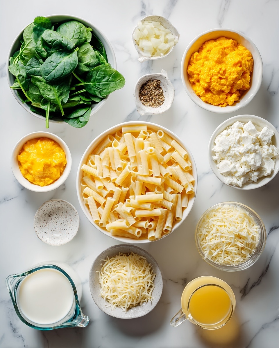 The image shows a white oval baking dish with blue handles filled with a creamy pasta mixture. The pasta is rigatoni, coated in a thick pale orange sauce with visible green spinach leaves mixed throughout. Next to the dish is a small white bowl filled with shredded cheese, off-white in color, ready to be added on top. The setting is a white marbled surface that adds a clean, bright look to the scene. photo taken with an iphone --ar 4:5 --v 7