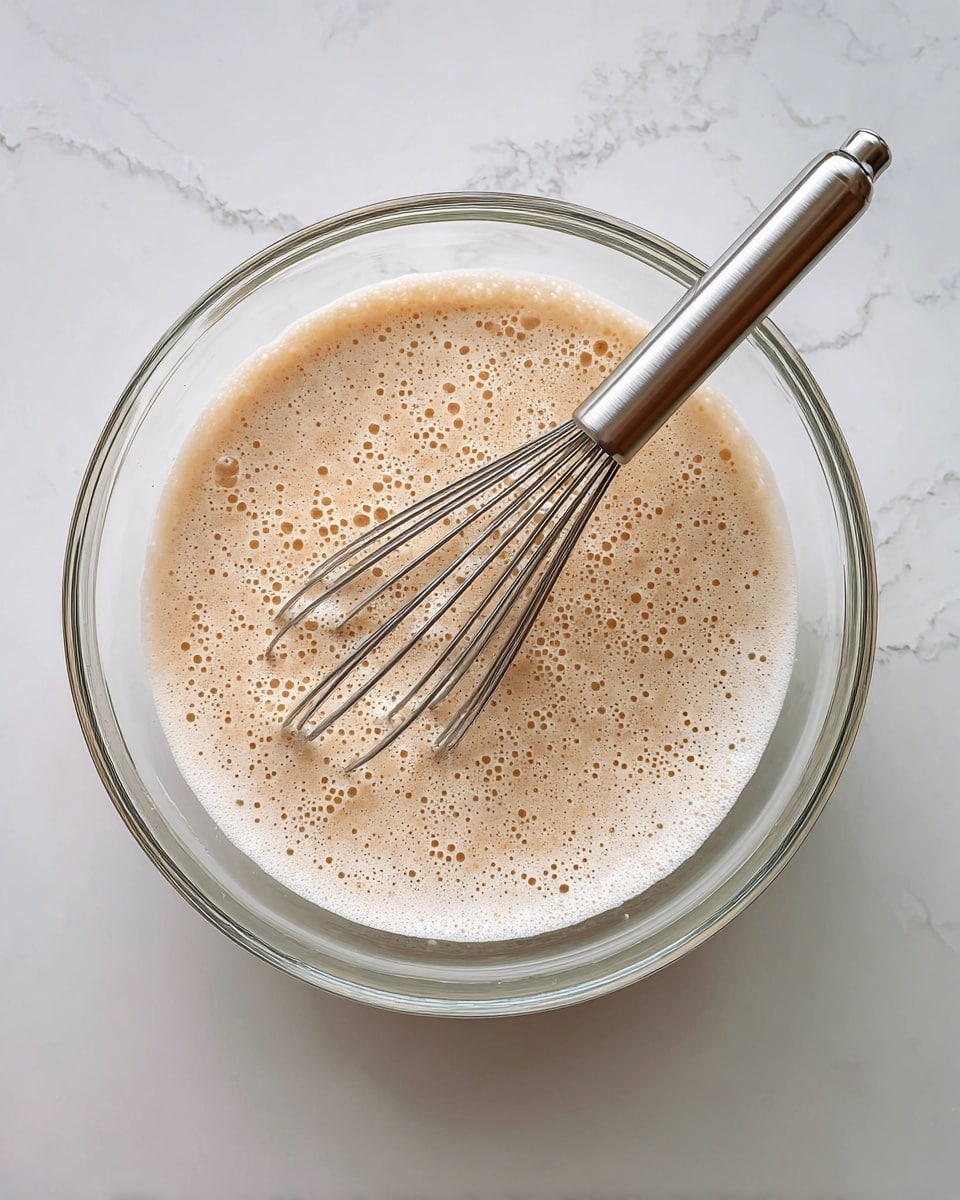 A clear glass bowl filled with a light beige, frothy liquid is in the center, with a stainless steel whisk resting inside it, partially submerged. The liquid has a smooth texture with many small bubbles on the surface. The bowl is placed on a white marbled texture surface. Photo taken with an iphone --ar 4:5 --v 7