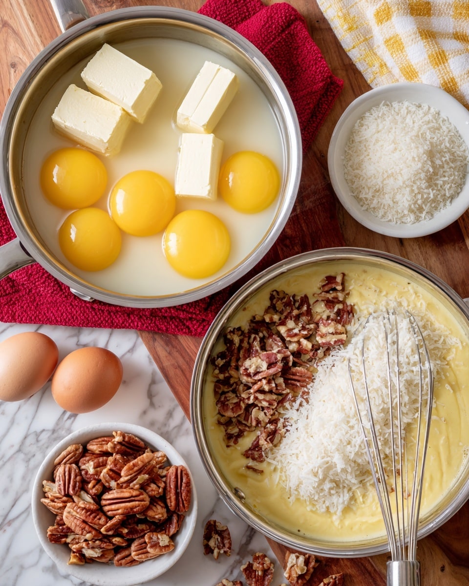 The image shows two metal saucepans placed on a wooden surface with a red cloth underneath. In the left saucepan, there are six raw yellow eggs floating in a pale cream liquid, along with three pale yellow butter blocks and a pile of white granulated sugar on one side of the liquid. Next to the saucepan is a white bowl filled with finely shredded white coconut and a plate with chopped pecans. In the right saucepan, there is a thick yellow mixture base at the bottom with a large pile of shredded white coconut, crushed brown pecans, and some of the same cream liquid partially visible around the edges; a metal whisk is resting inside this saucepan. The background includes a white marbled texture and a yellow and white checkered cloth. Photo taken with an iphone --ar 4:5 --v 7