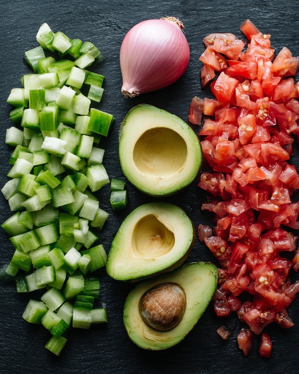 The image shows a dark flat surface with a neat arrangement of chopped cucumber pieces on the left, bright green with a fresh, watery texture. Next to it is a whole, small shallot with a smooth pinkish skin. Above and to the right of the shallot, there are four avocado halves placed closely, displaying their creamy, pale green flesh with some halves containing brown seeds and others empty. On the far right, there is a pile of finely chopped red tomatoes with a juicy and slightly shiny texture. Photo taken with an iphone --ar 4:5 --v 7