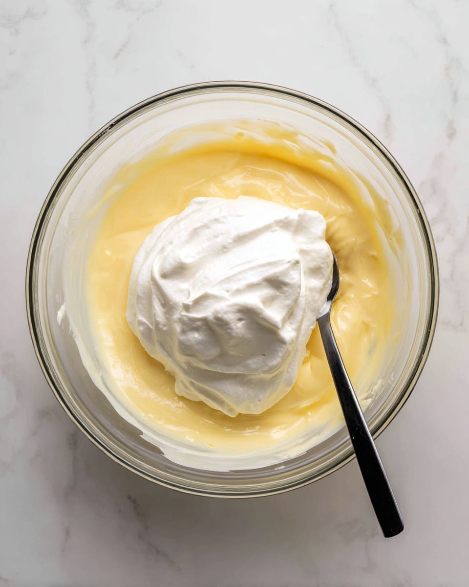 A clear glass bowl sits on a white marbled surface, containing two layers of ingredients being mixed. The bottom layer is a smooth, pale yellow creamy batter with a soft texture. On top of this layer, there is a large dollop of thick, white whipped cream sitting in the center. A black spoon is placed inside the bowl, partially immersed in the whipped cream on one side. Photo taken with an iphone --ar 4:5 --v 7