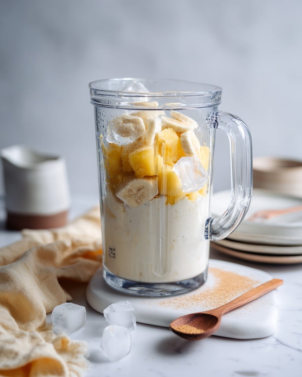 A clear blender jar sits on a white marbled surface filled with layers of ingredients. At the bottom, there is creamy white milk with smooth texture. Above this, chunks of light yellow fruit are scattered, and to one side, several clear ice cubes rest on top. A sprinkle of brown powder is visible near the fruit pieces. Surrounding the blender, there are two white plates and a wooden spoon, all placed on the white marbled surface. A soft pale yellow cloth is partially visible at the bottom left. The background is softly lit with a smooth light color. photo taken with an iphone --ar 4:5 --v 7