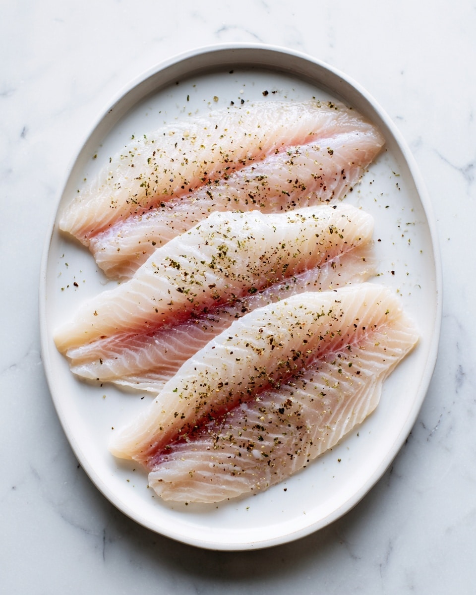 The image shows a white oval plate with four thin, raw fish fillets laid flat on it. Each fillet has a pale pink color with a slight translucency and is sprinkled with fine black pepper evenly across the surface. The fillets overlap slightly, with soft edges and a smooth texture. The plate sits on a white marbled surface with soft natural lighting highlighting the freshness and subtle color variations of the fish. photo taken with an iphone --ar 4:5 --v 7
