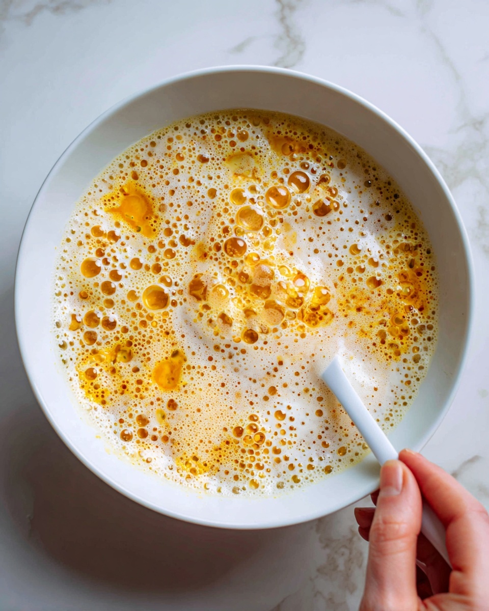 In a white bowl, there is a creamy mixture with yellow and orange pieces floating inside. The texture looks foamy and bubbly, with small and medium-sized bubbles covering most of the surface. A white spatula is stirring the mixture, moving through the frothy liquid. A woman's hand is holding the spatula at the bottom right corner. The background shows a white marbled texture beneath the bowl. photo taken with an iphone --ar 4:5 --v 7