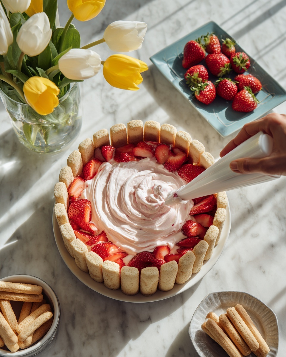 A round dessert mold is lined vertically on the inside with a layer of light brown ladyfinger biscuits, standing evenly around the edges. Inside the mold, there is a layer of chopped bright red strawberries spread across the bottom. A woman's hand is seen holding a white piping bag, squeezing a pale pink cream over the chopped strawberries, creating soft swirls in the center. The mold sits on a white marbled surface with bright sunlight casting shadows. Nearby, a small white bowl holds extra ladyfinger biscuits, and a blue rectangular plate displays fresh whole strawberries. A glass vase with yellow and white tulips is also visible in the background. Photo taken with an iphone --ar 4:5 --v 7