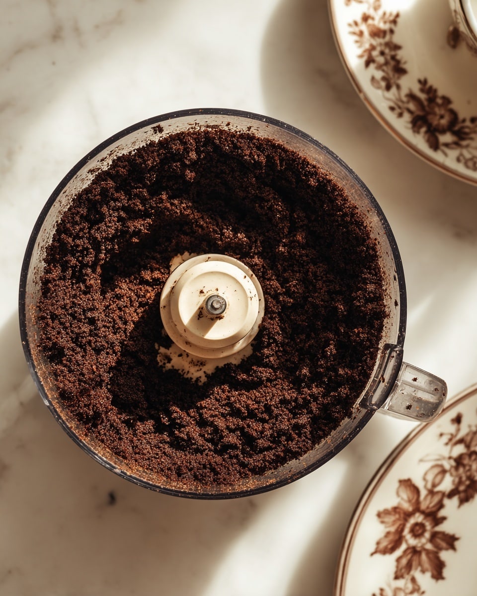 A close-up of a food processor bowl filled with dark brown, crumbly mixture, with a slightly rough texture and uneven clumps around the white central blade holder. The transparent bowl shows the mix inside clearly. On the right side, part of a white plate with brown floral design rests on a white marbled surface. The lighting is natural and soft, highlighting the dark crumbs and plastic bowl edges. photo taken with an iphone --ar 4:5 --v 7