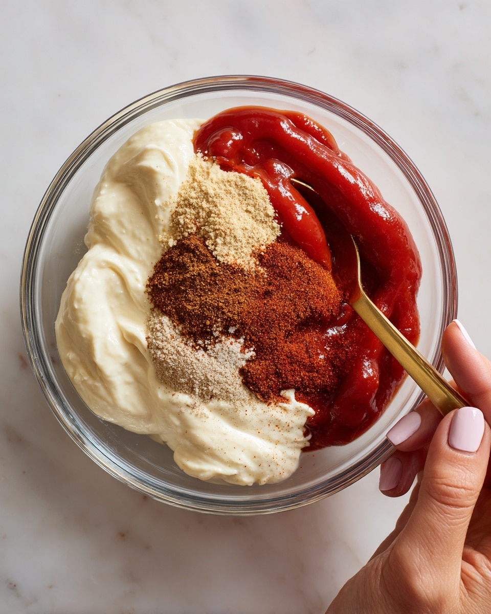 A clear glass bowl holds three main layers of sauce ingredients sitting side by side: a thick, bright red ketchup-like sauce on the left, a creamy white mayo-like sauce in the center that is slightly textured, and a darker brown powdery spice sprinkled on top and around the white sauce. A gold spoon is partially dipped into the mixture on the right side. A woman's hand with light skin and neatly painted nails holds the bowl from the left edge. The bowl is placed on a white marbled surface. Photo taken with an iphone --ar 4:5 --v 7