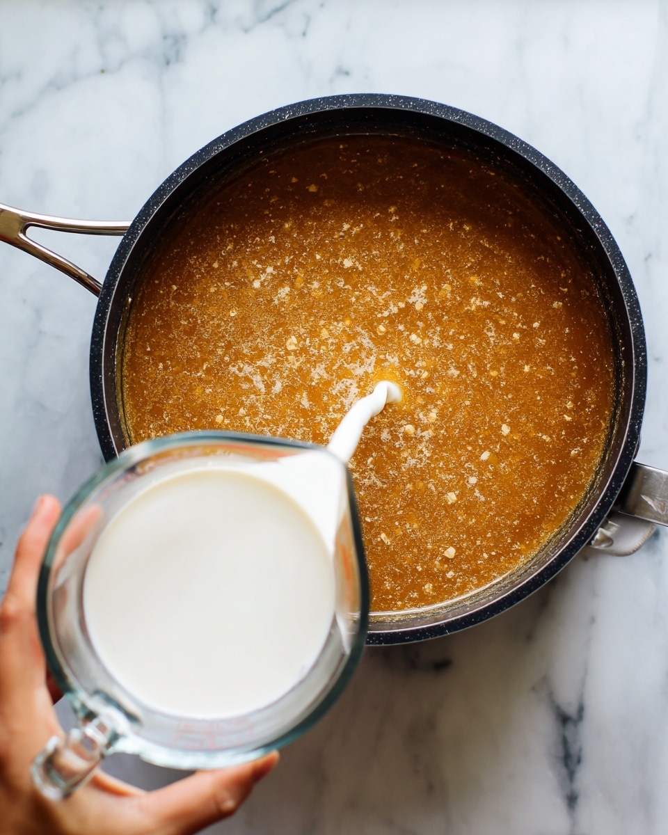 A close-up top view of a black pot filled with a thick, brownish-orange sauce that has a slightly grainy texture and visible small bits. A woman's hand is seen at the bottom left corner, holding a clear glass measuring cup filled with a white liquid, which is being poured into the pot, creating a contrast between the bright white liquid and the warm sauce. The scene is set on a white marbled surface with soft lighting. photo taken with an iphone --ar 4:5 --v 7