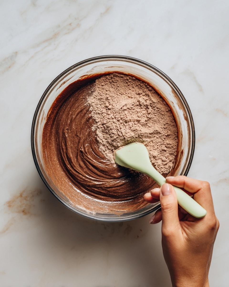 A clear glass bowl is held by a woman's hand over a white marbled surface. Inside the bowl, there are two visible layers: the bottom layer is a smooth, dark brown liquid, and on top is a dry, light brown powdery layer that looks like cocoa or chocolate mix. A second woman's hand is using a pale green spatula to stir the mixture, creating swirls and mixing the powder into the liquid. The scene is bright and focused on the bowl with the brown mixture. photo taken with an iphone --ar 4:5 --v 7